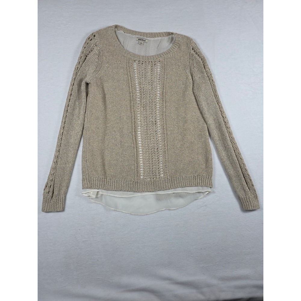 Lucky Brand Metallic Knit Sweater Chiffon Layer Lagenlook M Beige Boho Shimmer